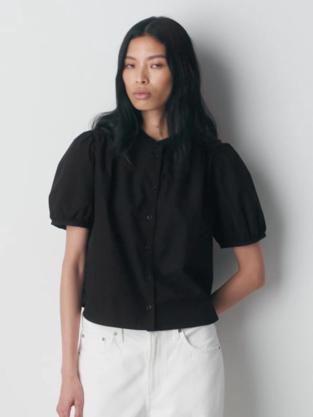 Aritzia Black Italic Poplin Cotton Blouse - Bubble Sleeves